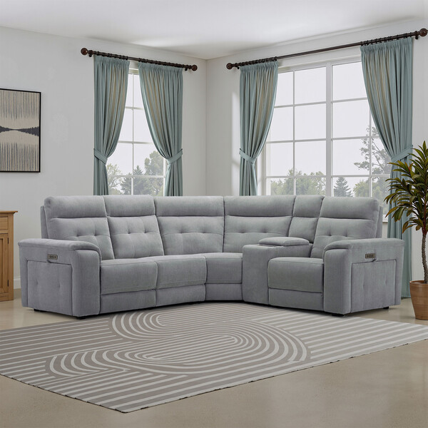 Amigo Granite Fabric Sofas - Left Hand Corner Recliner, Power Headrest & Wireless Charger - Juno Range - Oak Furnitureland
