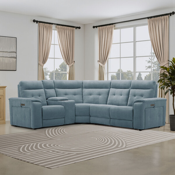 Amigo Mineral Fabric Sofas - Left Hand Corner Recliner, Power Headrest & Wireless Charger - Juno Range - Oak Furnitureland