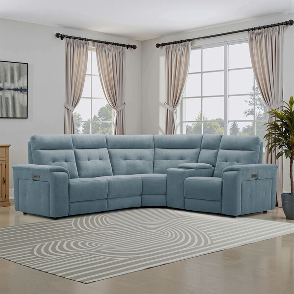 Amigo Mineral Fabric Sofas - Left Hand Corner Recliner, Power Headrest & Wireless Charger - Juno Range - Oak Furnitureland