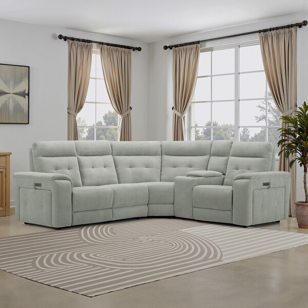 Amigo Sage Fabric Sofas - Left Hand Corner Recliner, Power Headrest & Wireless Charger - Juno Range - Oak Furnitureland