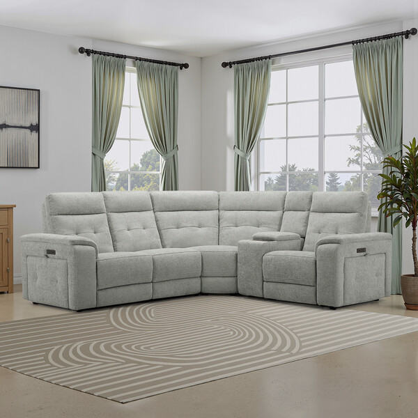 Hopsack Dove Fabric Sofas - Left Hand Corner Recliner, Power Headrest & Wireless Charger - Juno Range - Oak Furnitureland
