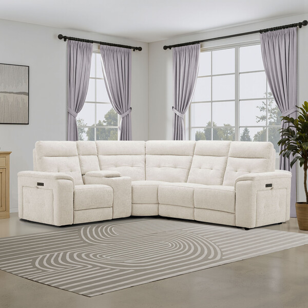Hopsack Natural Fabric Sofas - Left Hand Corner Recliner, Power Headrest & Wireless Charger - Juno Range - Oak Furnitureland