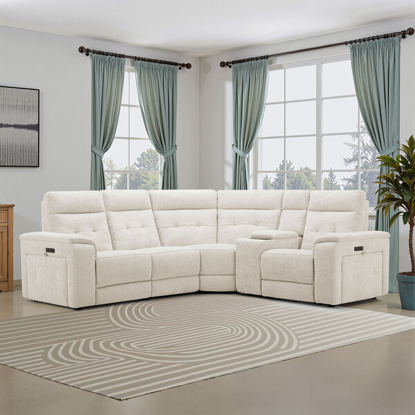 Hopsack Natural Fabric Sofas - Left Hand Corner Recliner, Power Headrest & Wireless Charger - Juno Range - Oak Furnitureland
