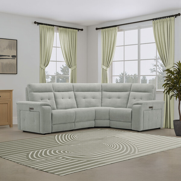 Amigo Sage Fabric Sofas - Right Hand Corner Recliner with Power Headrests - Juno Range - Oak Furnitureland