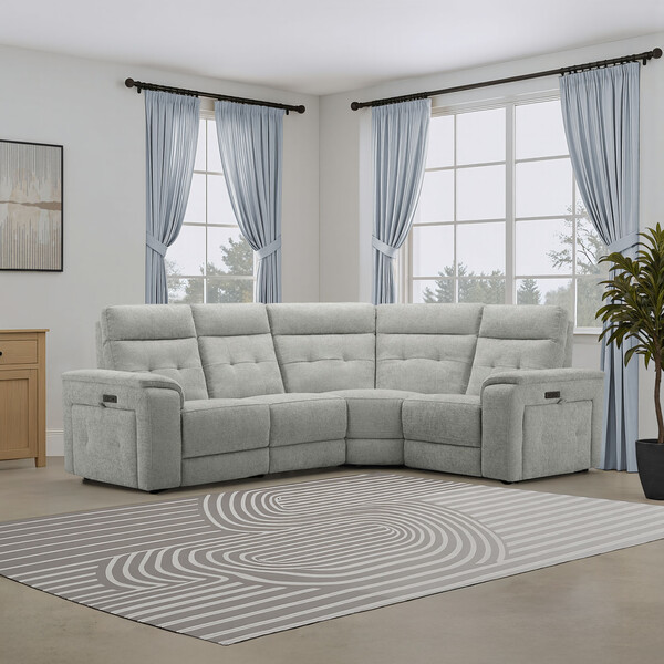 Hopsack Dove Fabric Sofas - Right Hand Corner Recliner with Power Headrests - Juno Range - Oak Furnitureland