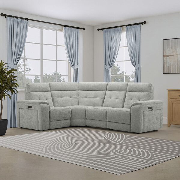 Hopsack Dove Fabric Sofas - Right Hand Corner Recliner with Power Headrests - Juno Range - Oak Furnitureland
