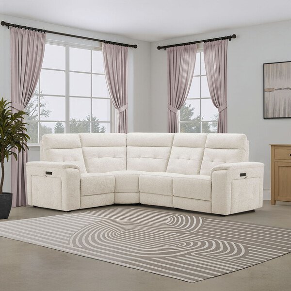 Hopsack Natural Fabric Sofas - Right Hand Corner Recliner with Power Headrests - Juno Range - Oak Furnitureland