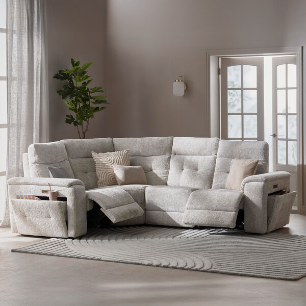 Koto Turtle Dove Fabric Sofas - Right Hand Corner Recliner with Power Headrests - Juno Range - Oak Furnitureland