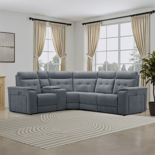 Amigo Coal Fabric Sofas - Right Hand Corner Recliner, Power Headrest & Wireless Charge - Juno Range - Oak Furnitureland