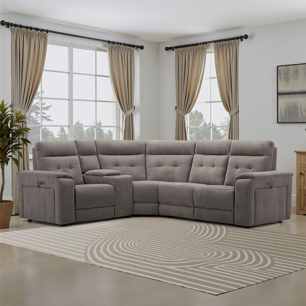 Amigo Cocoa Fabric Sofas - Right Hand Corner Recliner, Power Headrest & Wireless Charge - Juno Range - Oak Furnitureland