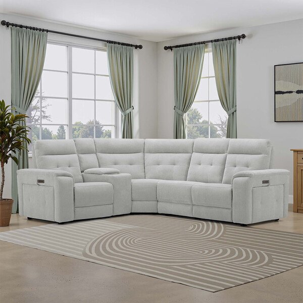 Amigo Dove Fabric Sofas - Right Hand Corner Recliner, Power Headrest & Wireless Charge - Juno Range - Oak Furnitureland