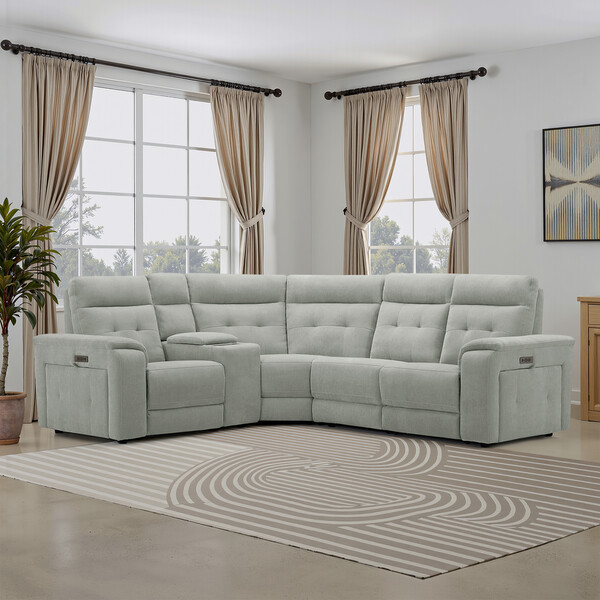 Amigo Sage Fabric Sofas - Right Hand Corner Recliner, Power Headrest & Wireless Charge - Juno Range - Oak Furnitureland