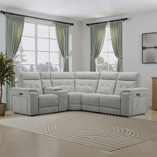 Hopsack Dove Fabric Sofas - Right Hand Corner Recliner, Power Headrest & Wireless Charge - Juno Range - Oak Furnitureland