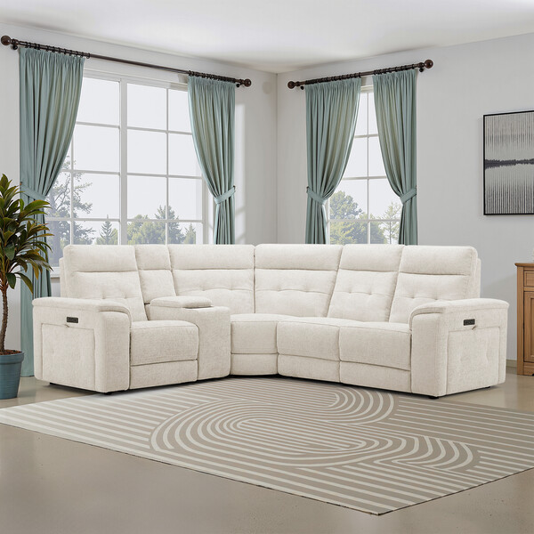 Hopsack Natural Fabric Sofas - Right Hand Corner Recliner, Power Headrest & Wireless Charge - Juno Range - Oak Furnitureland