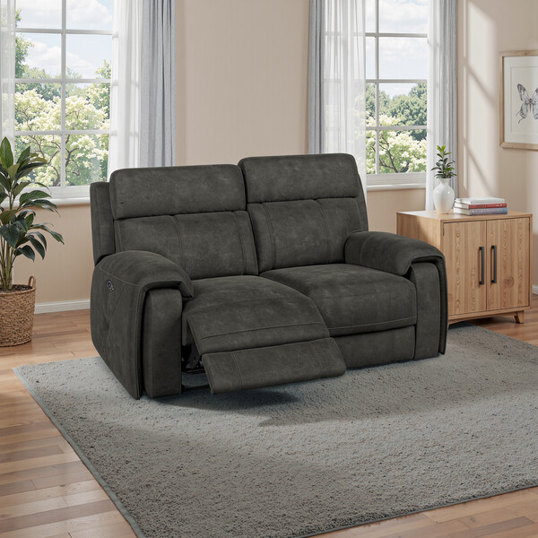 Grey Fabric Sofas - 2 Seater Electric Recliner Sofa - Leo Range - Oak Furnitureland