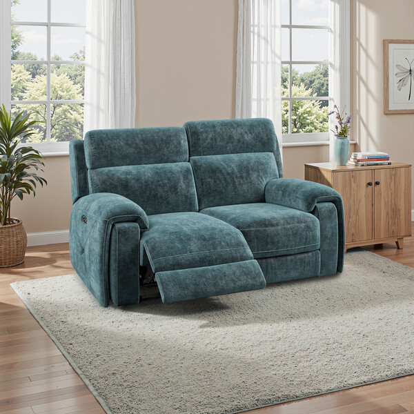 Descent Blue Fabric Sofas - 2 Seater Electric Recliner Sofa - Leo Range - Oak Furnitureland