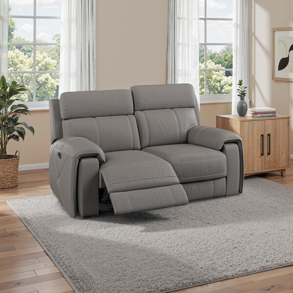 Elephant Grey Leather Sofas - 2 Seater Electric Recliner Sofa - Leo Range - Oak Furnitureland