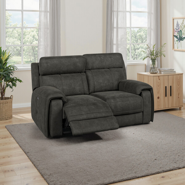 Grey Fabric Sofas - 2 Seater Electric Recliner Sofa with Power Headrest - Leo Range - Oak Furnitureland