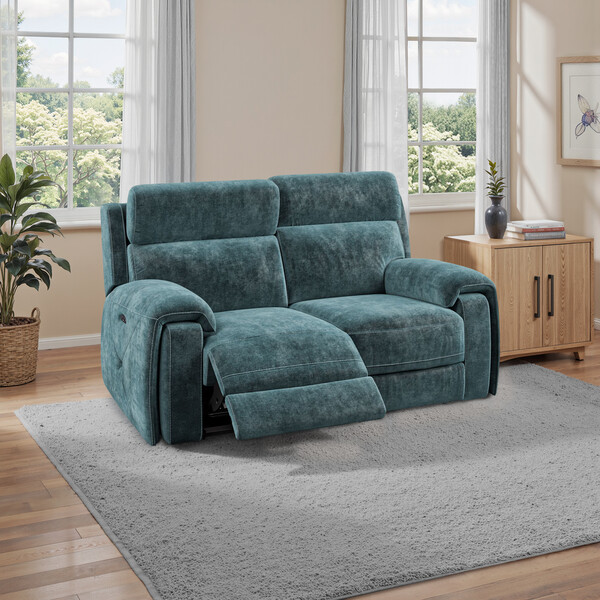 Descent Blue Fabric Sofas - 2 Seater Electric Recliner Sofa with Power Headrest - Leo Range - Oak Furnitureland