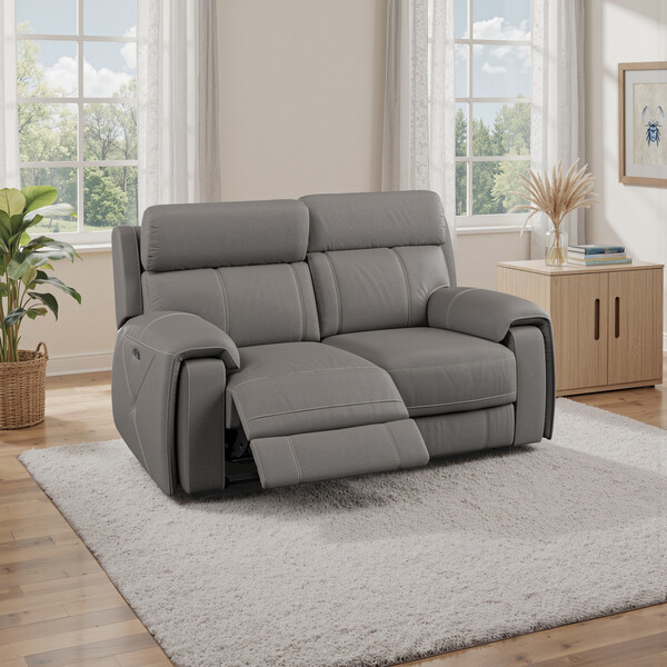 Elephant Grey Leather Sofas - 2 Seater Electric Recliner Sofa with Power Headrest - Leo Range - Oak Furnitureland