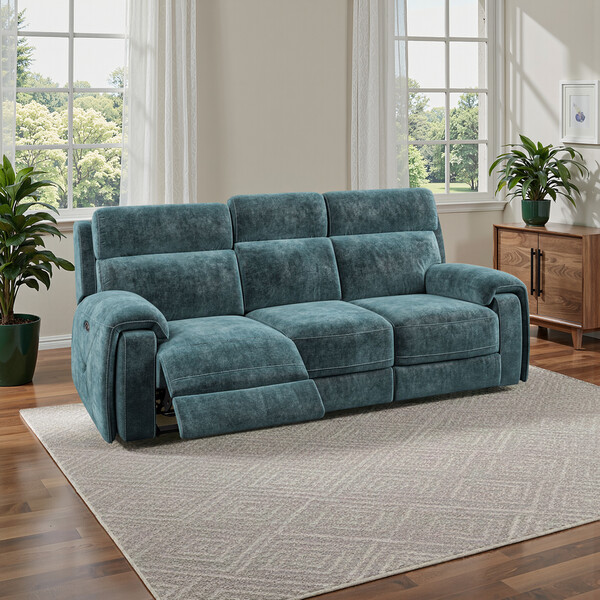 Descent Blue Fabric Sofas - 3 Seater Electric Recliner Sofa - Leo Range - Oak Furnitureland