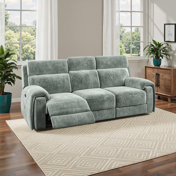Descent Pewter Fabric Sofas - 3 Seater Electric Recliner Sofa - Leo Range - Oak Furnitureland