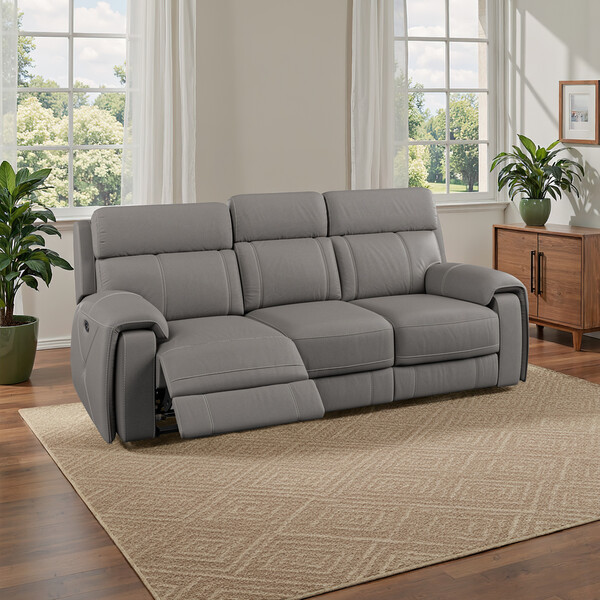 Elephant Grey Leather Sofas - 3 Seater Electric Recliner Sofa - Leo Range - Oak Furnitureland