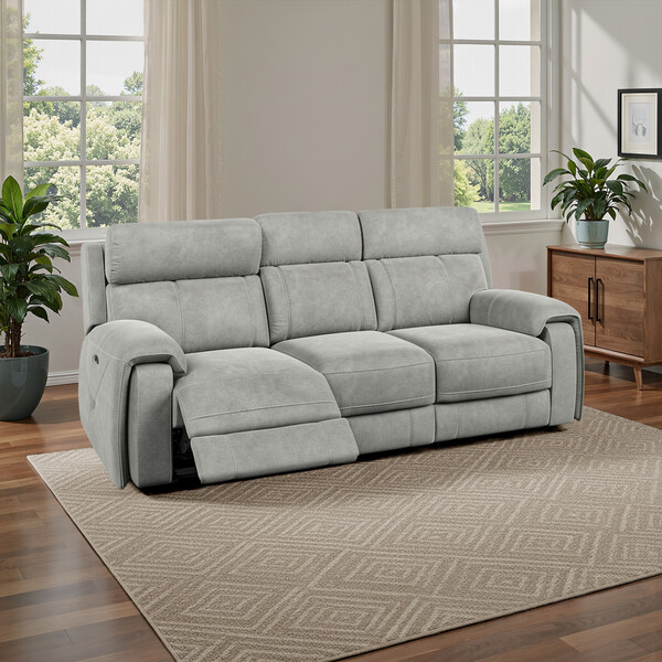 Dove Grey Fabric Sofas - 3 Seater Electric Recliner Sofa with Power Headrest - Leo Range - Oak Furnitureland