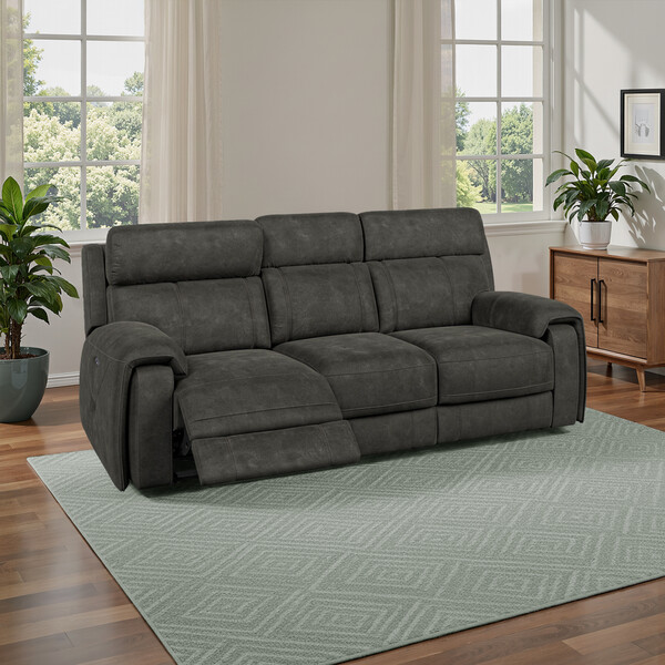 Grey Fabric Sofas - 3 Seater Electric Recliner Sofa with Power Headrest - Leo Range - Oak Furnitureland