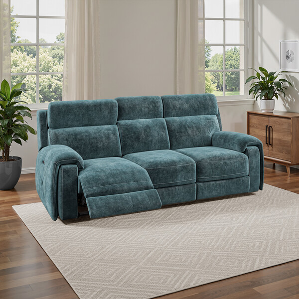 Descent Blue Fabric Sofas - 3 Seater Electric Recliner Sofa with Power Headrest - Leo Range - Oak Furnitureland