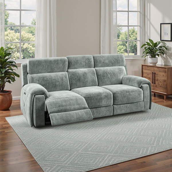 Descent Pewter Fabric Sofas - 3 Seater Electric Recliner Sofa with Power Headrest - Leo Range - Oak Furnitureland