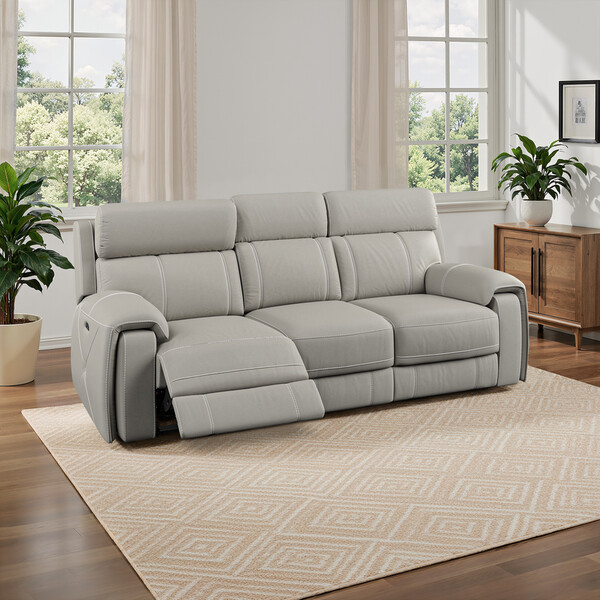 Taupe Leather Sofas - 3 Seater Electric Recliner Sofa with Power Headrest - Leo Range - Oak Furnitureland