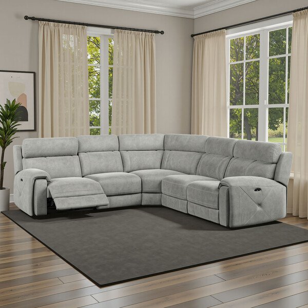 Dove Grey Fabric Sofas - Large Corner Recliner with Adjustable Headrests - Leo Range - Oak Furnitureland