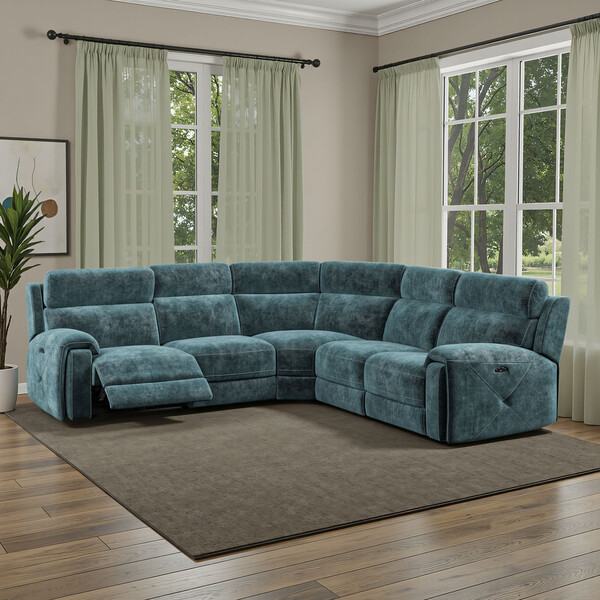 Descent Blue Fabric Sofas - Large Corner Recliner with Adjustable Headrests - Leo Range - Oak Furnitureland