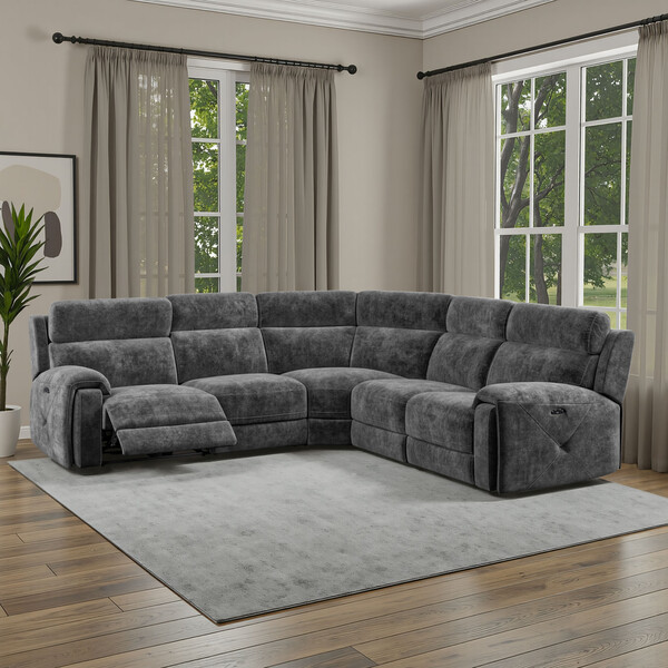 Charcoal Fabric Sofas - Large Corner Recliner with Adjustable Headrests - Leo Range - Oak Furnitureland