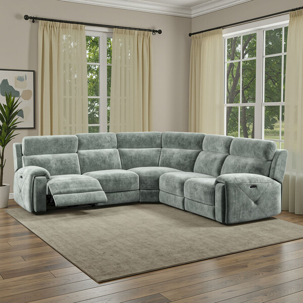 Descent Pewter Fabric Sofas - Large Corner Recliner with Adjustable Headrests - Leo Range - Oak Furnitureland