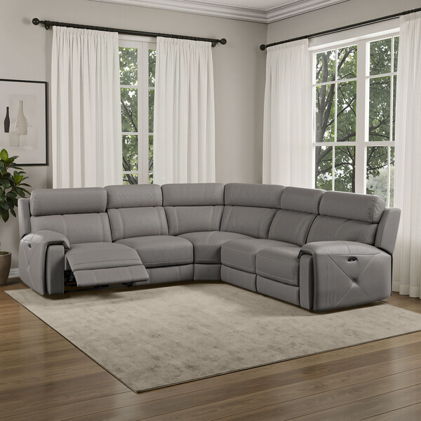 Elephant Grey Leather Sofas - Large Corner Recliner with Adjustable Headrests - Leo Range - Oak Furnitureland