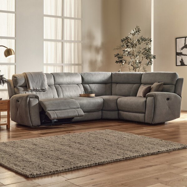 Dove Grey Fabric Sofas - Corner Electric Recliner Left Hand - Leo Range - Oak Furnitureland