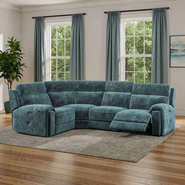 Descent Blue Fabric Sofas - Corner Electric Recliner Right Hand - Leo Range - Oak Furnitureland