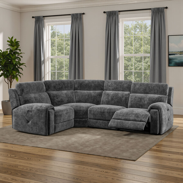 Charcoal Fabric Sofas - Corner Electric Recliner Right Hand - Leo Range - Oak Furnitureland