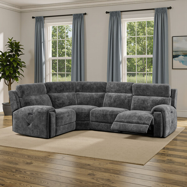 Charcoal Fabric Sofas - Corner Electric Recliner Right Hand with Power Headrest - Leo Range - Oak Furnitureland