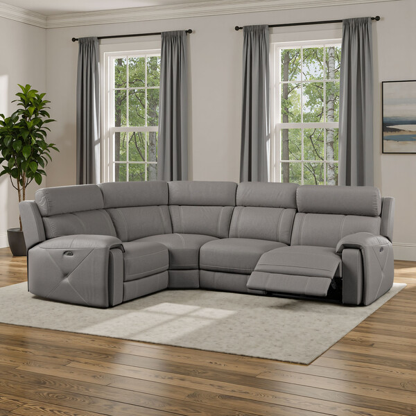 Elephant Grey Leather Sofas - Corner Electric Recliner Right Hand with Power Headrest - Leo Range - Oak Furnitureland