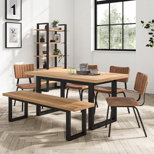 Maine Extending Dining Table 160-220cm + 1 Maine 160cm bench+ 4 Mason Chairs in Vintage Tan Leather-Look fabric with Black Legs - Oak Furnitureland