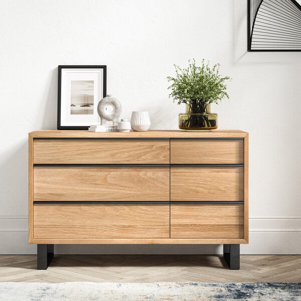 Natural Solid Oak & Metal Chest of Drawers - 6 Drawer Chest - Maine Range - Oak Furnitureland