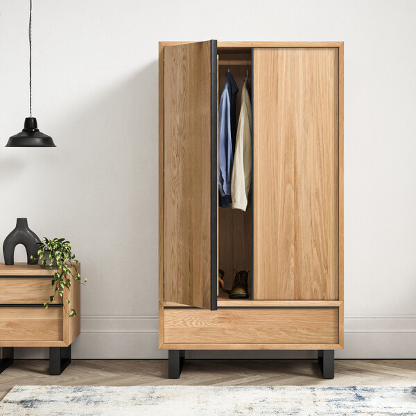 Natural Solid Oak & Metal Wardrobes - Double Wardrobe - Maine Range - Oak Furnitureland