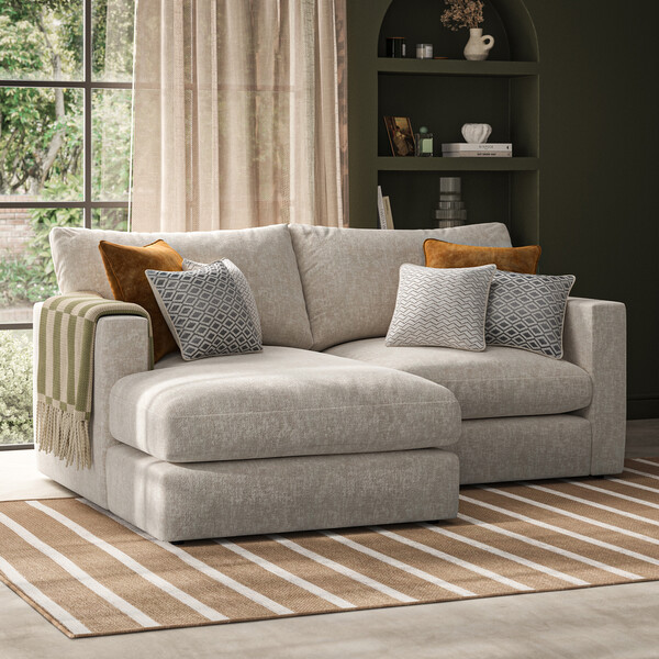 Beige Fabric Sofas - 2 Seater Left Hand Compact Chaise Sofa - Malvern Range - Oak Furnitureland