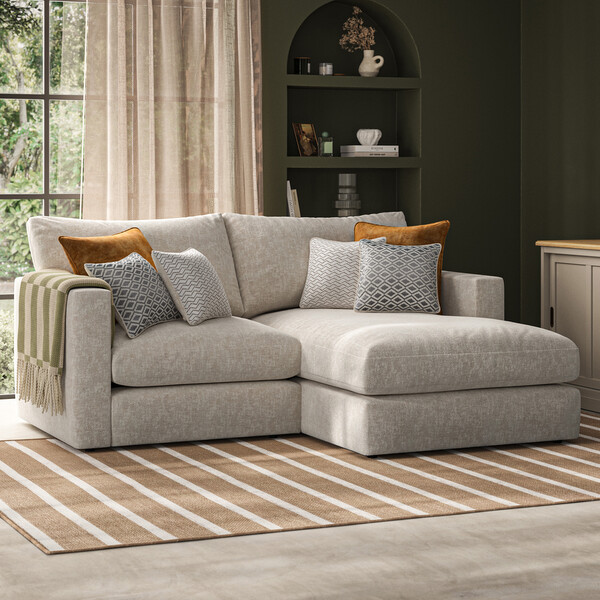 Beige Fabric Sofas - 2 Seater Right Hand Compact Chaise Sofa - Malvern Range - Oak Furnitureland