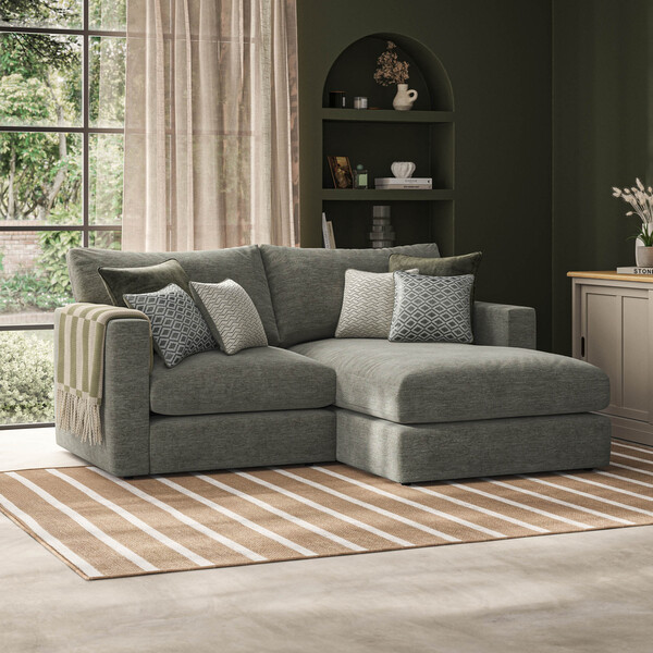 Olive Green Fabric Sofas - 2 Seater Right Hand Compact Chaise Sofa - Malvern Range - Oak Furnitureland