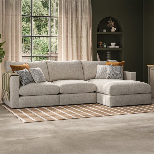 Beige Fabric Sofas - 3 Seater Right Hand Chaise Sofa - Malvern Range - Oak Furnitureland