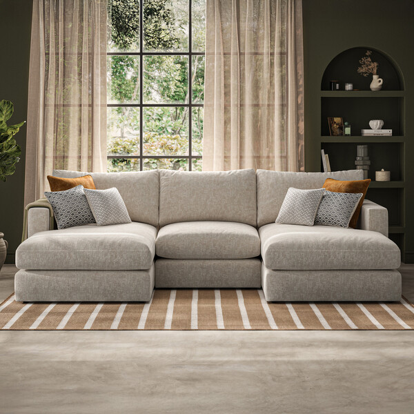 Beige Fabric Sofas - 3 Seat Double Chaise End Sofa - Malvern Range - Oak Furnitureland
